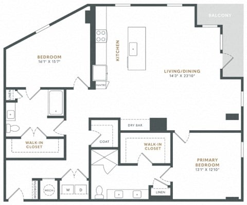 Floor plan for 2 beds, 2 baths, 1601 sqft